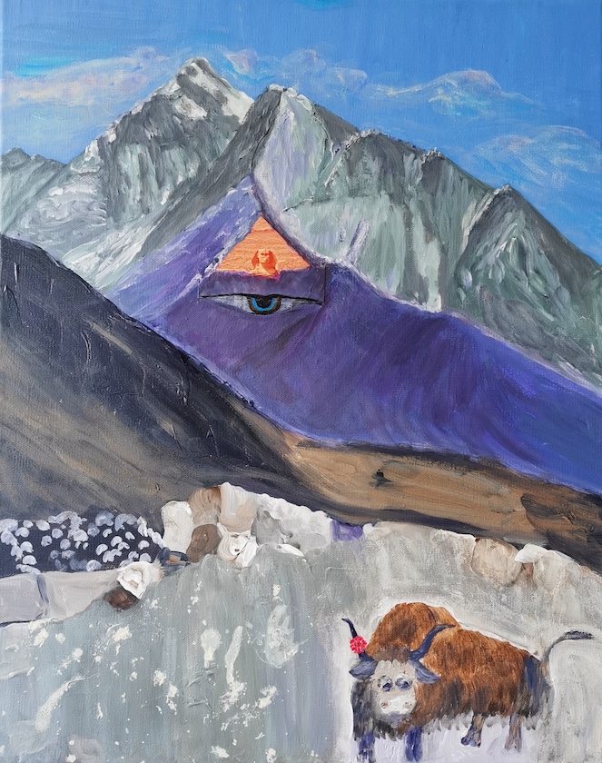 油画作品：潇潇《西藏，唵嘛呢叭咪吽——1》2024年，布面丙烯、图片拼贴，40cmX50cm。.jpg